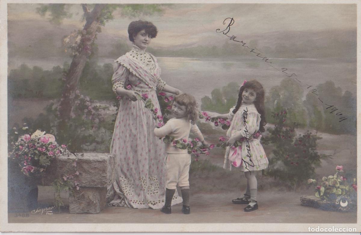 Postales: POSTAL ANTIGUA COLOREADA A MANO, UNA MUJER Y DOS NI&Ntilde;OS &ndash; JAZERAC PHOT. - ESCRITA 1909
