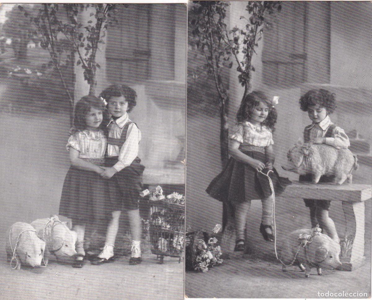 Postkarten: Lote 2 postales pareja de ni&ntilde;os con cerdos. Escritas. Sin circular.
