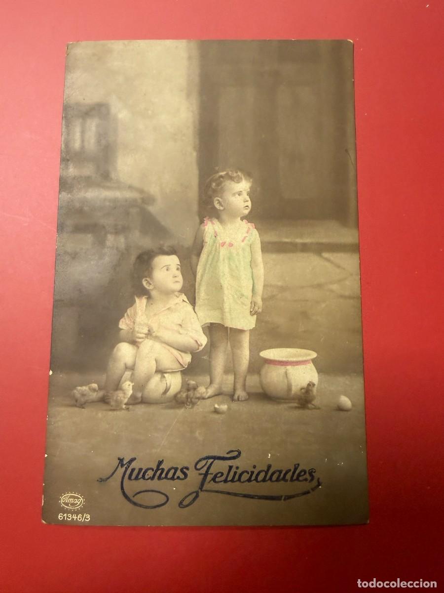 Postales: TARJETA POSTAL - MUCHAS FELICIDADES - DOS NI&Ntilde;OS CON POLLITOS - IMAG 61346/3 -