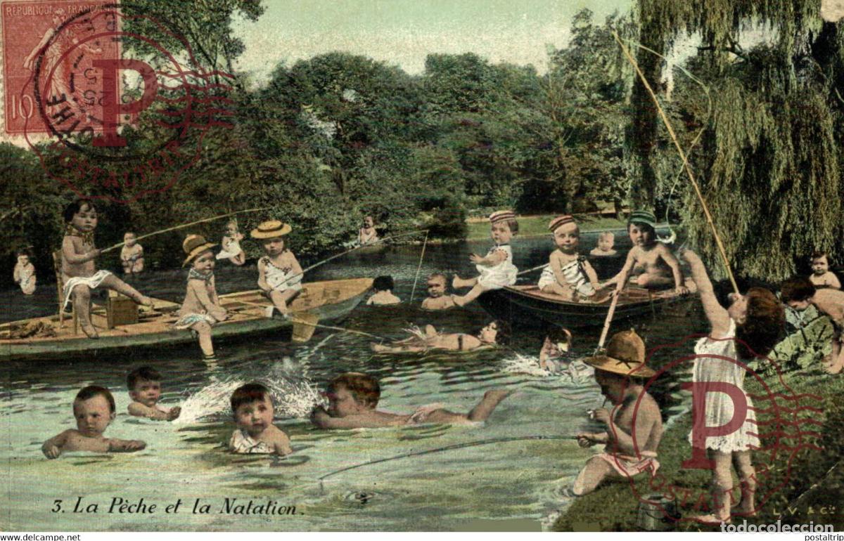 Postales: La P&eacute;che et la Natation Des Gamins Kids Children Ni&ntilde;os