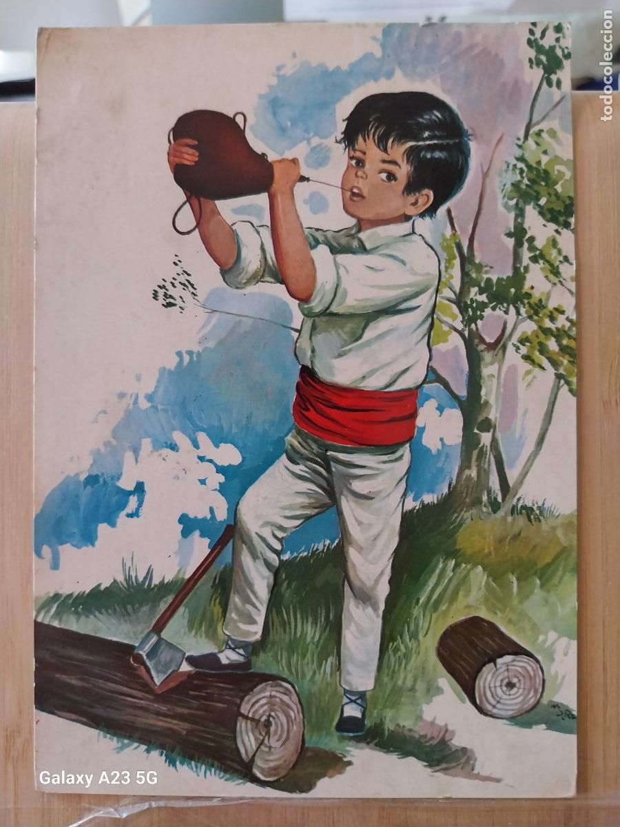 Postales: AIZCOLARI NI&Ntilde;O VASCO BEBIENDO BOTA CORTADOR DE TRONCOS ED SAVIR 218 ESCRITA ORIGINAL