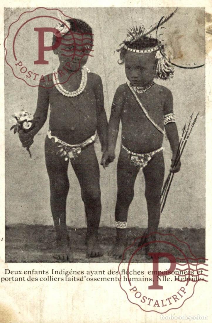 Postcards: NOUVELLE CALEDONIE NOUVELLES HEBRIDES - DEUX ENFANTS INDIGENES - FLECHES EMPOISONN&Eacute;ES COLLIERS OSSEM