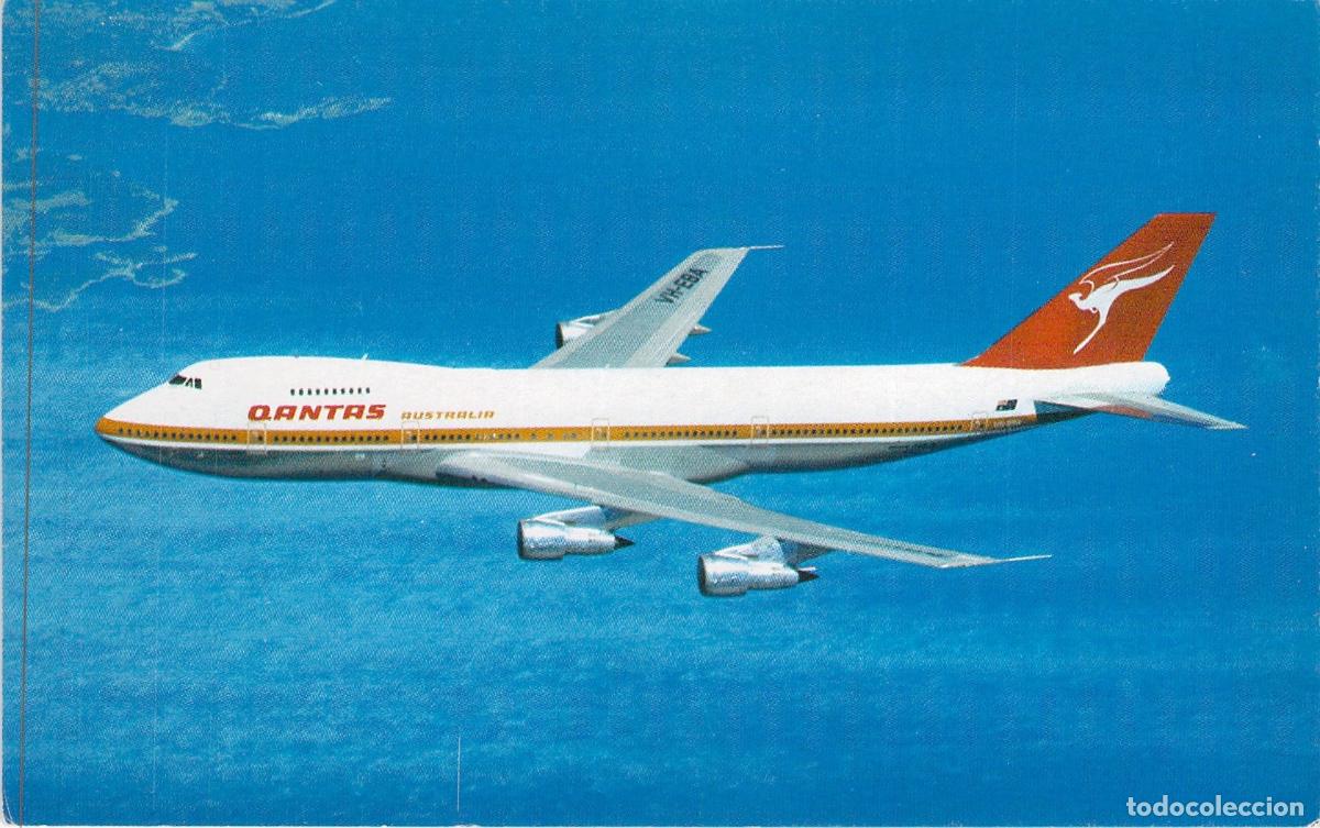 Postales: Postal de Avi&oacute;n Boeing 747B de Qantas Airways en Vuelo