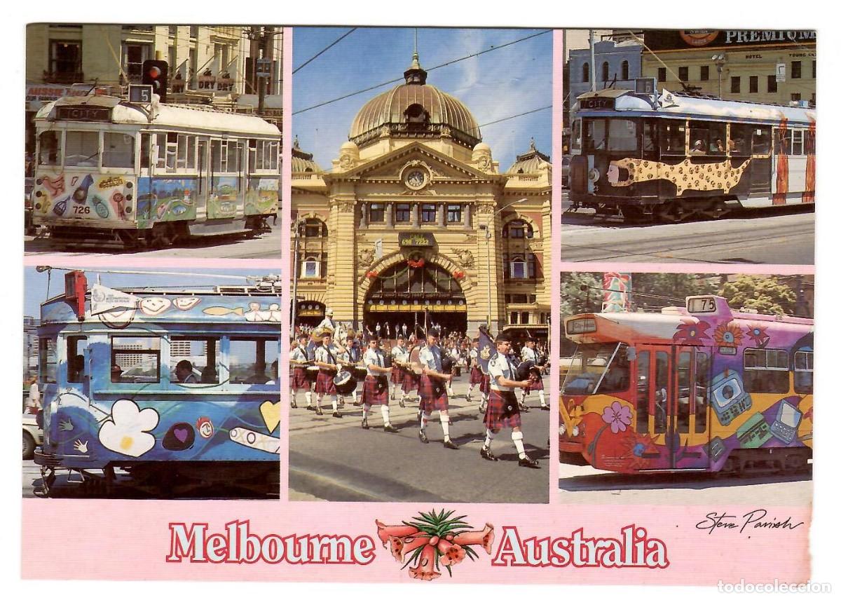 Postales: MELBOURNE, Australia. Estaci&oacute;n de Flinders Street y tranv&iacute;as. Ed. Steve Parish, PC323 (1991).