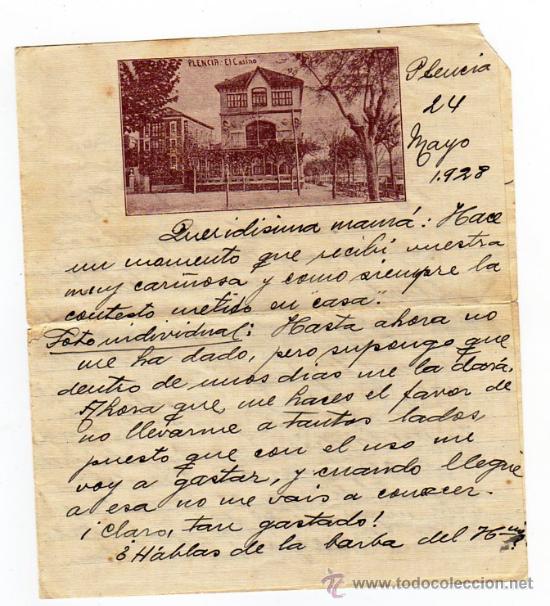 Postales: Vizcaya. Plencia. El casino. Carta fechada en 1928 medidas: 18 x 16 cm.