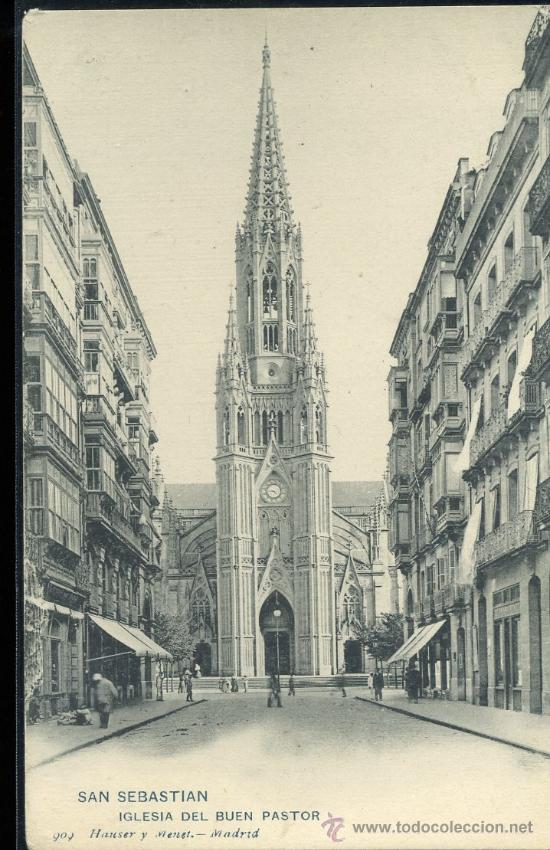 Postais: TARJETA POSTAL DE SAN SEBASTIAN, IGLESIA DEL BUEN PASTOR. HAUSER Y MENET. REVERSO NO DIVIDIDO