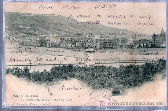 Postales: TARJETA POSTAL DE SAN SEBASTIAN. EL BARRIO DE GROS Y MONTE ULIA. 1476 HAUSER Y MENET