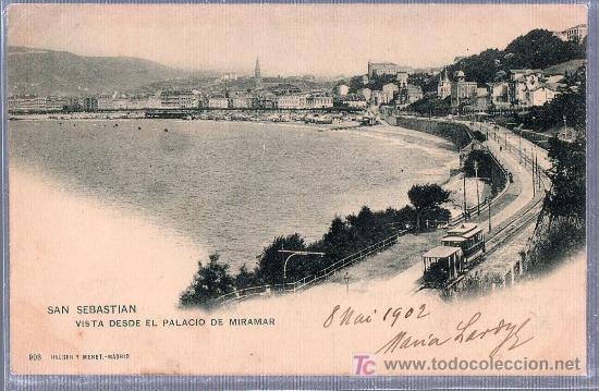 Postales: TARJETA POSTAL DE SAN SEBASTIAN. VISTA DESDE EL PALACIO DE MIRAMAR. 908 HAUSER Y MENET