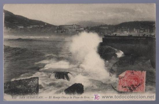 Postkarten: TARJETA POSTAL ANTIGUA DE SAN SEBASTIAN. 153. EL ROMPE OLAS Y LA PLAYA DE GROS.
