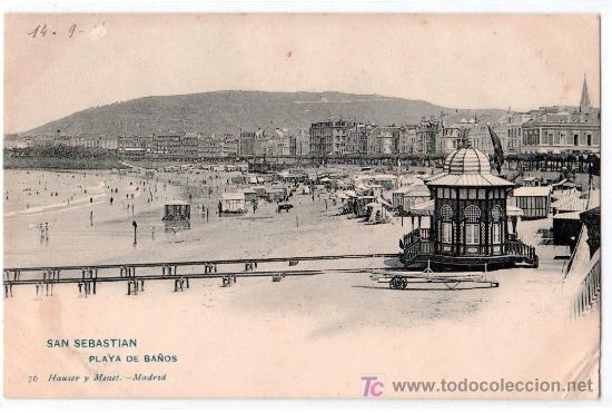 Postales: TARJETA POSTAL DE SAN SEBASTIAN. PLAYA DE BA&Ntilde;OS. 76 HAUSER Y MENET