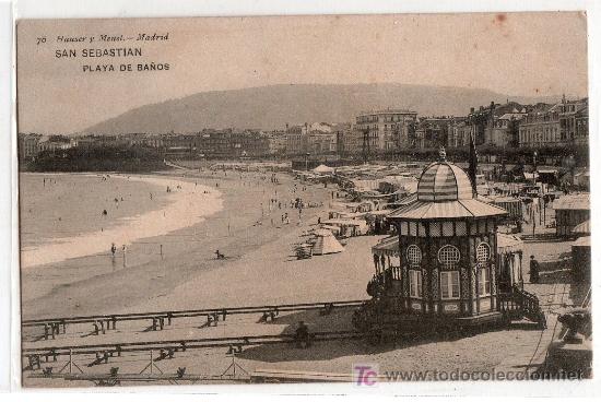 Postales: TARJETA POSTAL DE SAN SEBASTIAN. PLAYA DE BA&Ntilde;OS. 76 HAUSER Y MENET