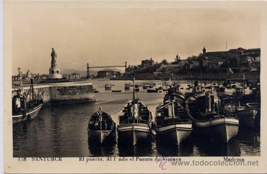 Postales: SANTURCE(VIZCAYA).- EL PUERTO. AL FONDO EL PUENTE DE VIZCAYA