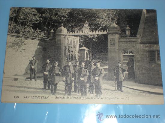 Postales: ANTIGUA POSTAL DE SAN SEBASTIAN. 150. ENTRADA DE MIRAMAR Y GUARDIA DE LOS MIQUELETTOS - LL