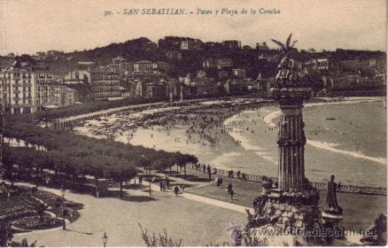 Postales: SAN SEBASTIAN - PASEO Y PLAYA DE LA CONCHA - ED. GALARZA - TINTADA EN VERDE