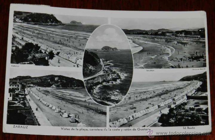 Cartes Postales: antigua postal de zarauz, vista de la playa, carretera y raton de guetaria, ediciones basurka, circu