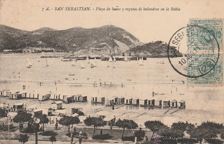 Postkarten: N&ordm; 15724 POSTAL SAN SEBASTIAN PLAYA DE BA&Ntilde;OS Y REGATAS DE BALANDROS EN LA BAHIA