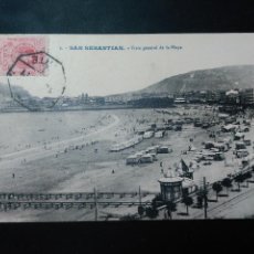 Postales: POSTAL DE SAN SEBASTIAN. VISTA GENERAL DE LA PLAYA. CIRCULADO A FRANCIA. 1910. SELLO Y MATASELLO. Lote 59728643