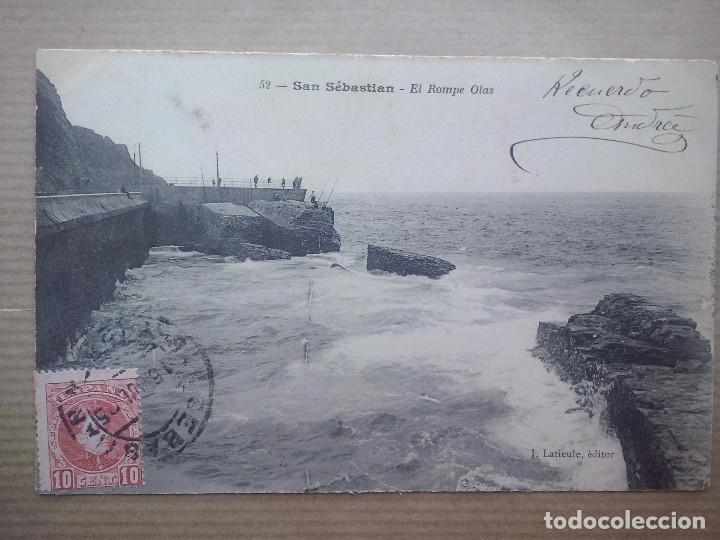 Postales: San Sebasti&aacute;n - El rompe olas - Circulada en 1905 - Foto 1