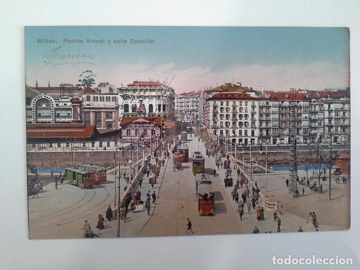 Postcards: POSTAL SAN SEBASTIAN. PUENTE ARENAL Y CALLE ESTACI&Oacute;N.