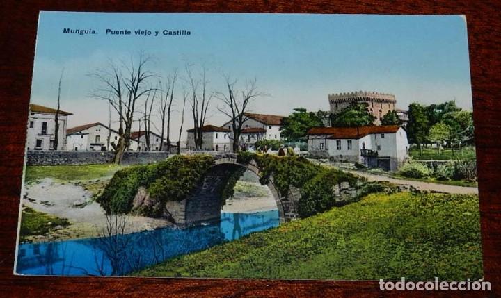 Postales: ANTIGUA POSTAL DE MUNGUIA (VIZCAYA), PUENTE VIEJO Y CASTILLO, CLICHE LUX, L.G. BILBAO - SIN CIRCULAR