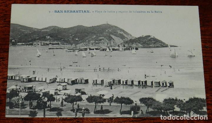 Postkarten: POSTAL DE SAN SEBASTIAN. N. 7. PLAYA DE BA&Ntilde;OS Y REGATAS DE BALANDROS EN LA BAHIA. ED. G.G.GALARZA. N