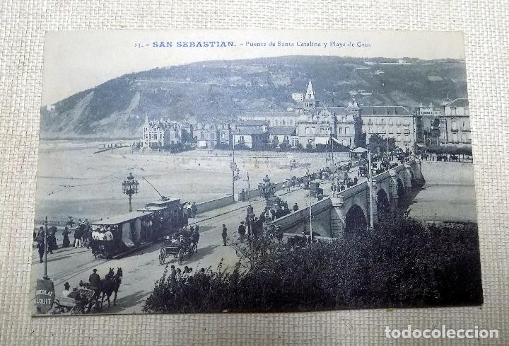 Postkarten: ANTIGUA POSTAL. SAN SEBASTIAN. PUENTE DE SANTA CATALINA Y PLAYA DE GROS. MEDIDAS: 14 X 10 CM