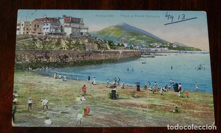 Cartoline: POSTAL DE PORTUGALETE, PLAYA Y PASEO SANTURCE, ED. L. G. BILBAO, CIRCULADA. TIENE UNA RAJA DE UNOS 2