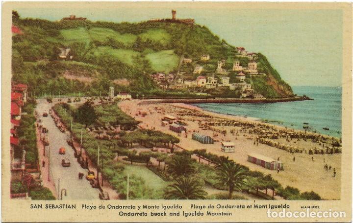 Postales: SAN SEBASTIAN .- PLAYA ONDARRETA Y MONTE IGUELDO .- PUBLICIDAD LA FIDELIDAD / LIT. UREZBEA