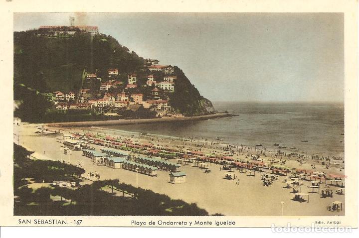Cartes Postales: POSTAL, SAN SEBASTIAN, PLAYA DE ONDARRETA Y MONTE IGUELDO, ED. ARRIBAS, ESCRITA
