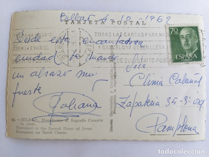 Postales: Postal de Bilbao. Monumento al Sagrado Corazón de Jesús. # 55. Garcia Garrabella. Circulada 1962. - Foto 2 - 172405502