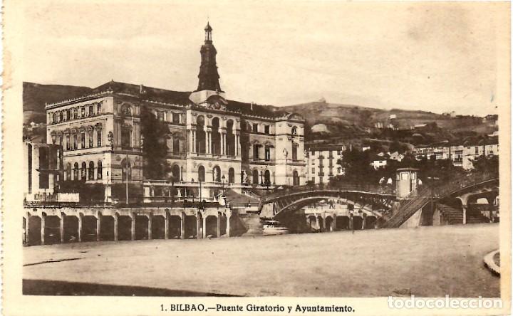 Cartoline: N&ordm; 1-BILBAO. Puente Giratorio y Ayuntamiento. Escrita en 1936. ED. GRAFOS