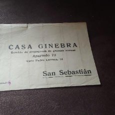 Postales: ANTIGUO SOBRE PUBLICITARIO, SIN CIRCULAR- CASA GINEBRA -. SAN SEBASTIAN.