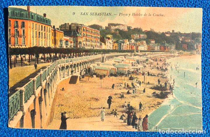 Postales: SAN SEBASTIAN - PLAYA Y HOTELES DE LA CONCHA - CIRCULADA PRINCIPIOS S. XX