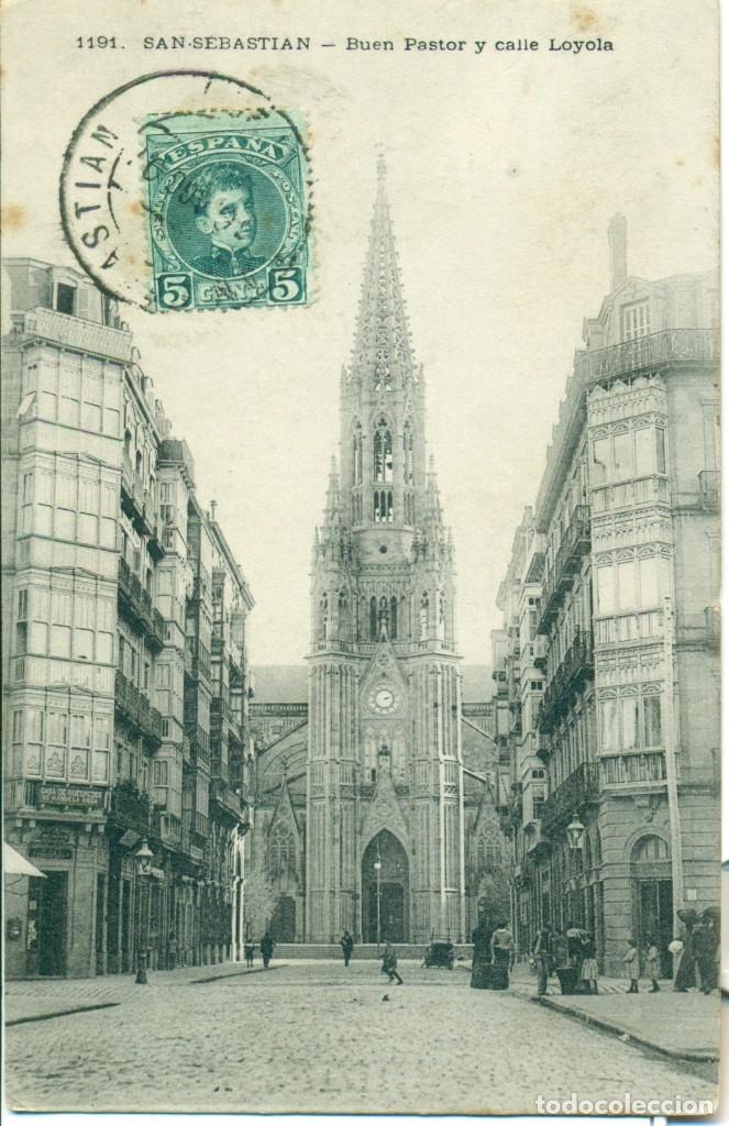 Postales: SAN SEBASTIAN. IGLESIA DEL BUEN PASTOR Y CALLE LOYOLA. CIRCULADA EN 1907.