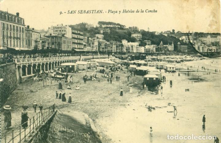 Postales: SAN SEBASTIAN. PLAYA Y HOTELES DE LA CONCHA.CIRCULADA HACIA 1910.