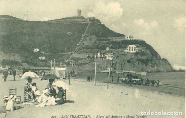 Postales: SAN SEBASTIAN. PLAYA DEL ANTIGUO Y MONTE YGUELDO. CIRCULADA EN 1914