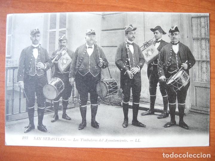 Postais: San Sebastian. Los Timbaleros del Ayuntamiento. LL n. 183. Circulada a&ntilde;o 1911. Con sellos.