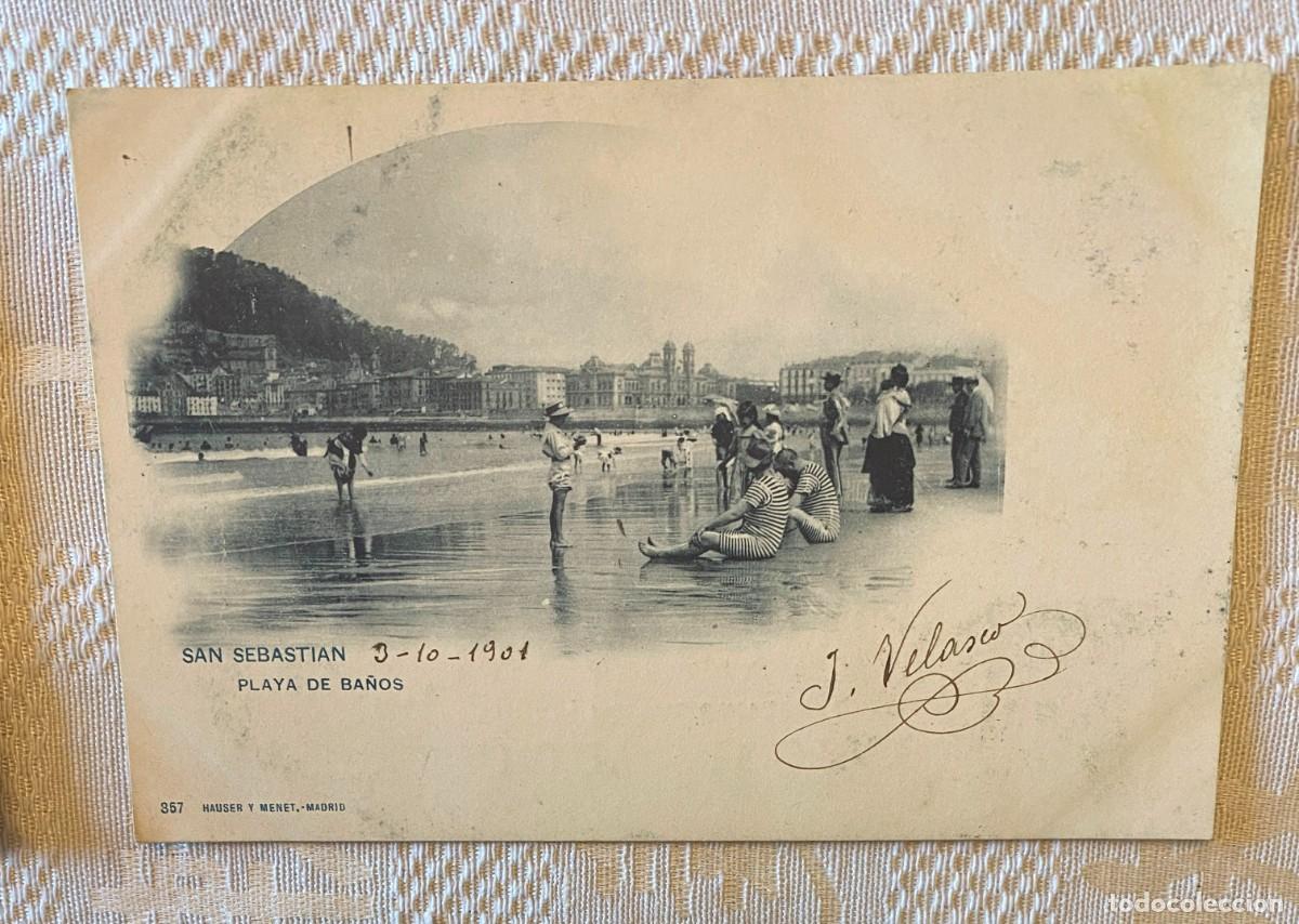 Cartoline: Postal de SAN SEBASTIAN (Guipuzcoa): Playa de ba&ntilde;os (Hauser y Menet num.357), CIRCULADA, SIN DIVIDIR
