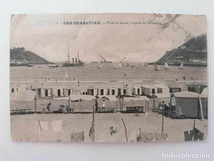 Postcards: POSTAL SAN SEBASTIAN, PLAYA DE BA&Ntilde;OS Y REGATAS DE BALANDROS, FOTO GALARZA, N&ordm; 6, CIRCULADA CON SELLO