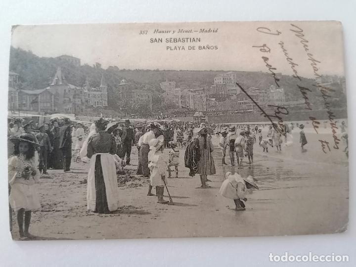 Postales: POSTAL SAN SEBASTIAN, PLAYA DE BA&Ntilde;OS, N&ordm; 357, FOTOTIPIA HAUSER Y MENET, A&Ntilde;O 1907, CIRCULADA CON SEL