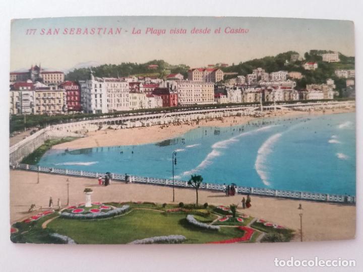 Postales: POSTAL SAN SEBASTIAN, LA PLAYA VISTA DESDE EL CASINO, N&ordm; 177, FOTO GALARZA, A&Ntilde;OS 20, COLOREADA