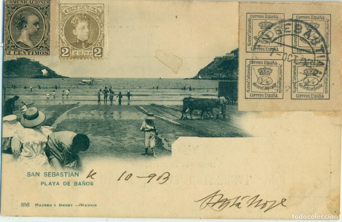 Postales: SAN SEBASTIAN. PLAYA DE BA&Ntilde;OS. CIRCULADA EN 1903. FRANQUEO MIXTO MUY RARO.