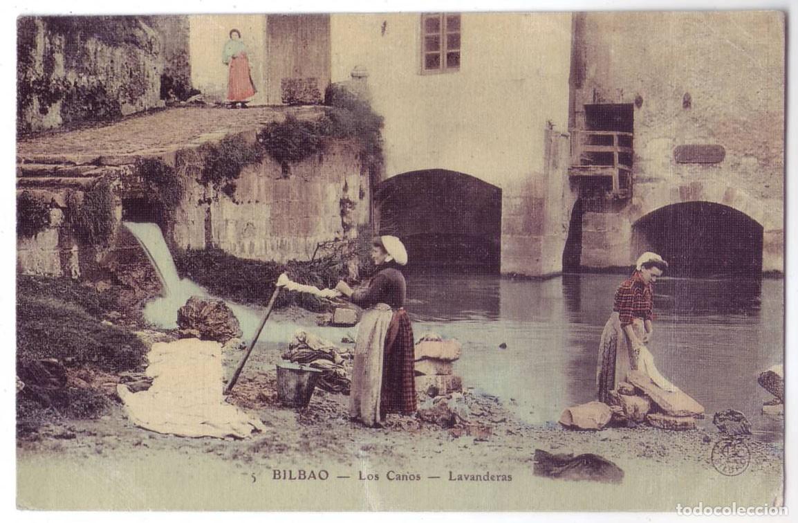 Postales: Bilbao: Los Ca&ntilde;os. Lavanderas. L.G. Circulada (1908) - Foto 1