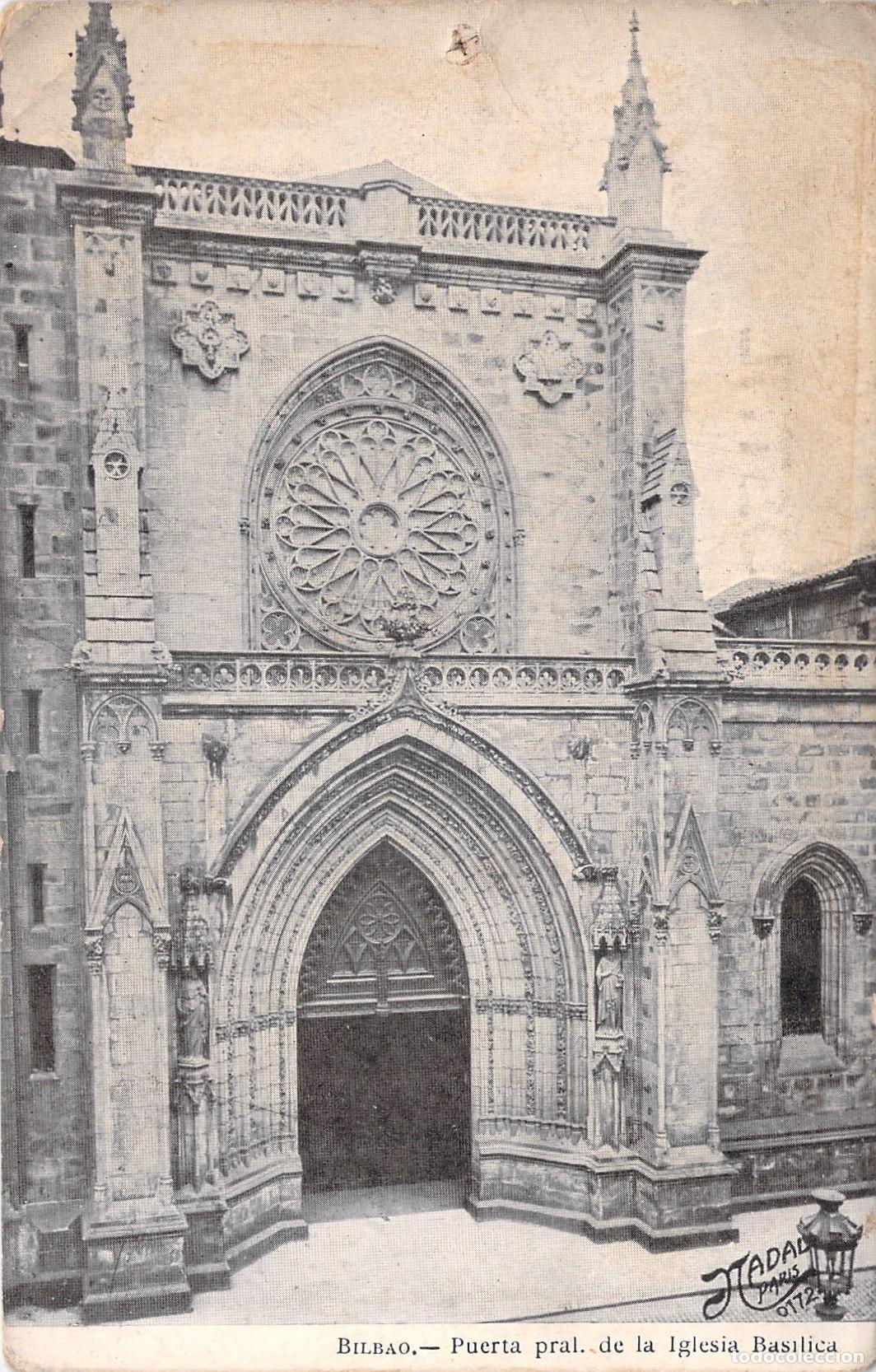 Postales: Postal de la Puerta Principal de la Iglesia Bas&iacute;lica en Bilbao