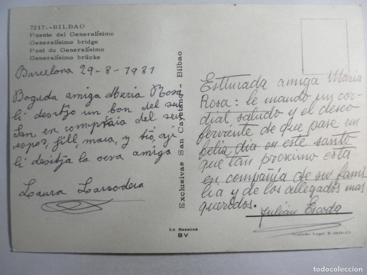 Postales: Bilbao - Puente del General&iacute;simo - Escrita - Foto 2