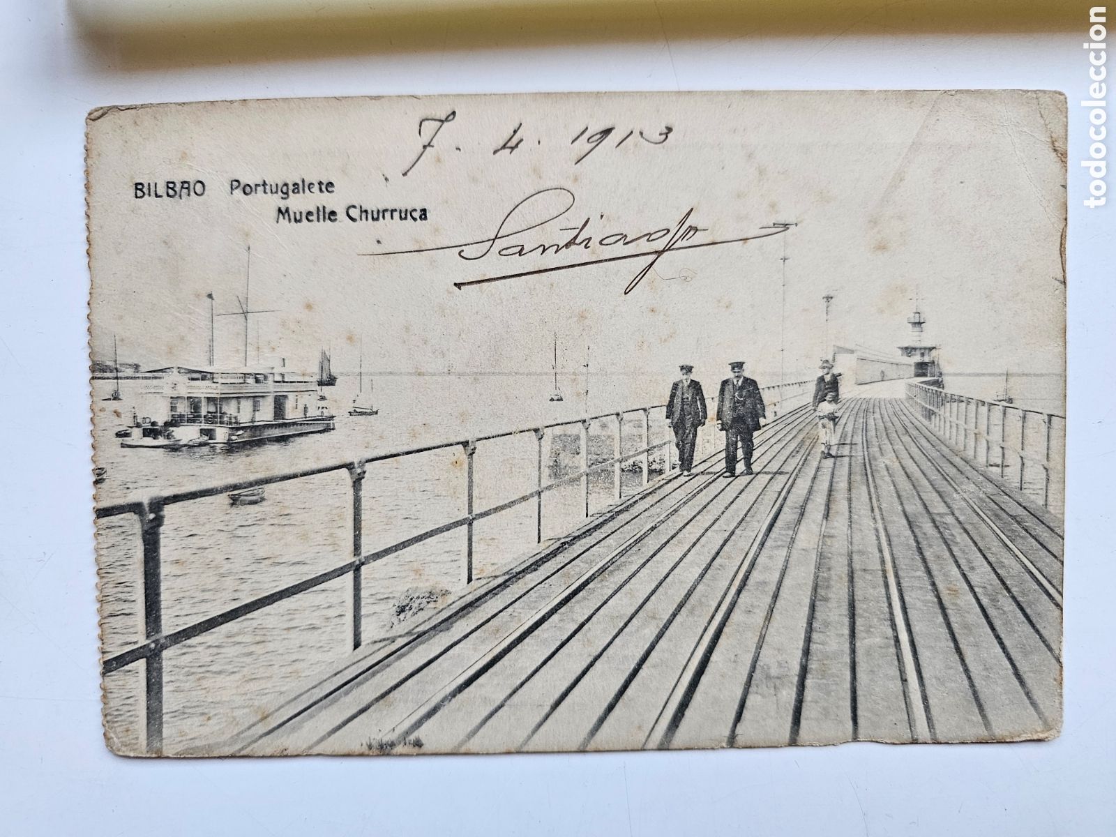 Postales: Fant&aacute;stica postal de Bilbao, Portugalete Muelle Churruca 1913 Ricardo Costa, Santiago