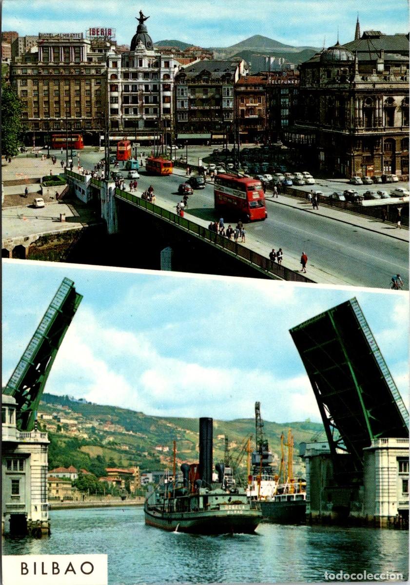 Postales: Bilbao - Puentes de la Victoria y Basculante - Rev. blanco - Troleb&uacute;s 2 pisos x3 - Hotel Almitrante