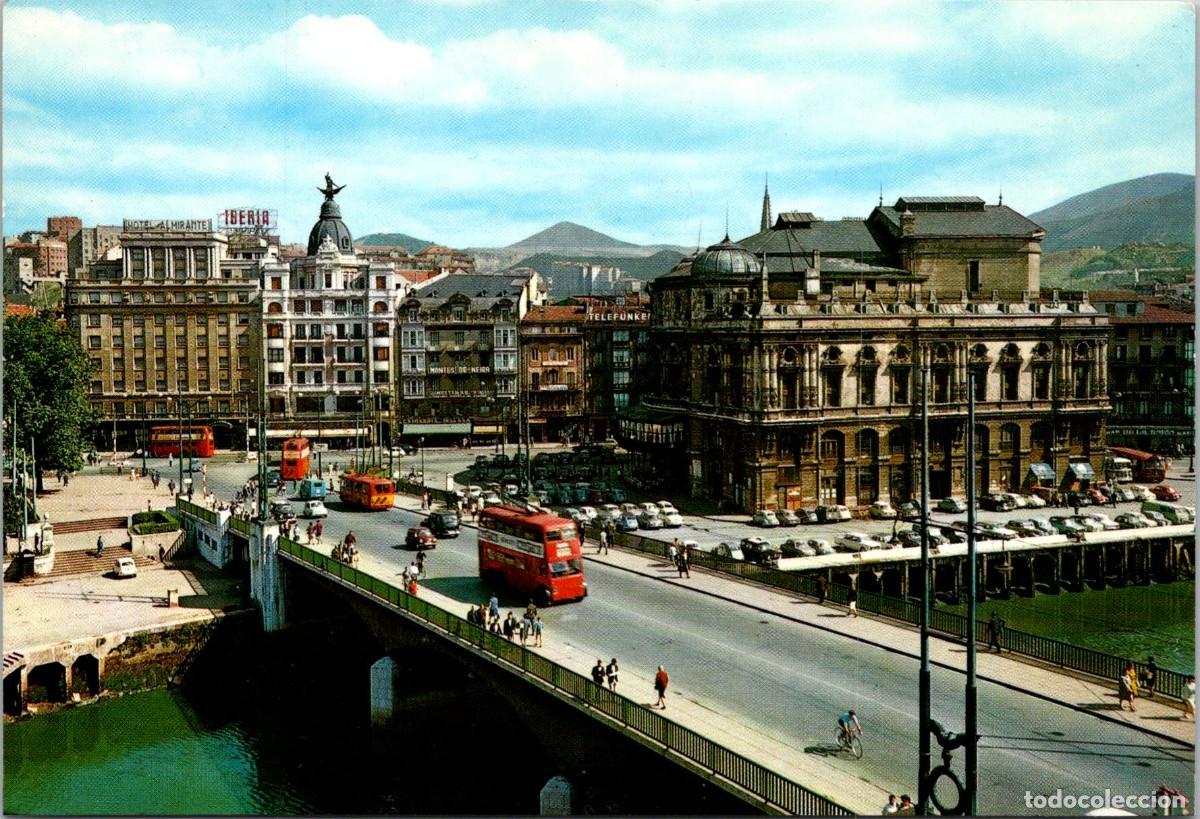 Postales: Bilbao - Puente de la Victoria y Teatro Arriaga - Troleb&uacute;s 2 pisos x3 - Hotel Almirante - Iberia