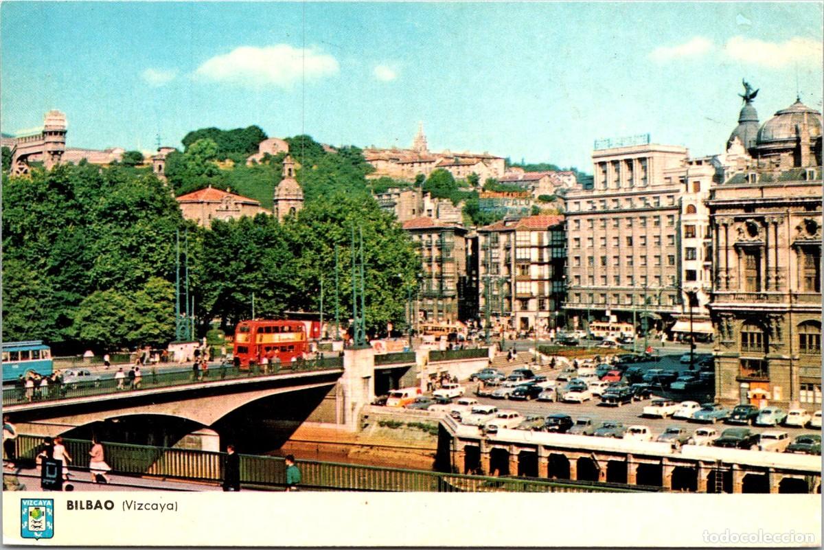 Postales: Bilbao - El Arenal - Dessin Bilbao 1008 - 148x98mm - Troleb&uacute;s 2 pisos - Impermeables El B&uacute;falo