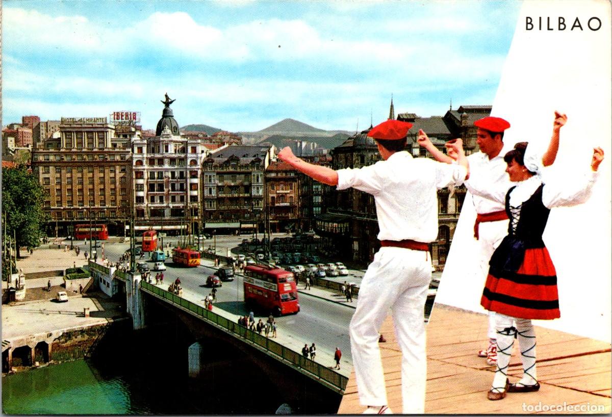 Postales: Bilbao - Puente de la Victoria - Garc&iacute;a Garrabella 83 - 149x101mm - Troleb&uacute;s 2 pisos x3 - Dantzaris